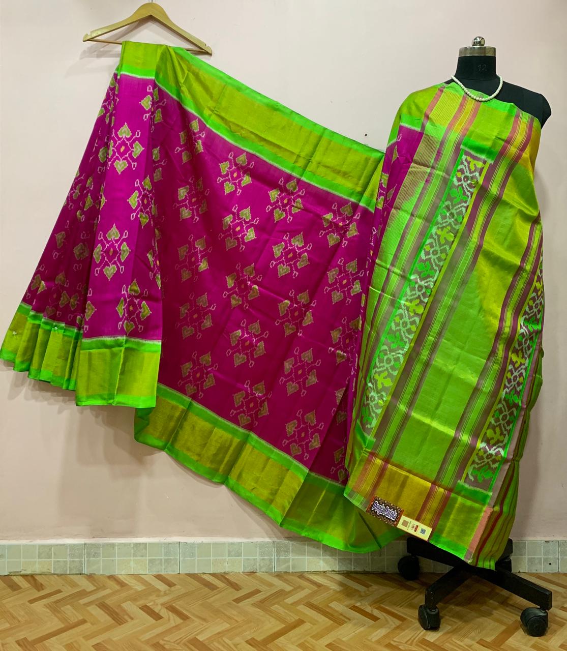 Pink with Parrot Green Pallu and Border Patola Silk Saree-PSS1201