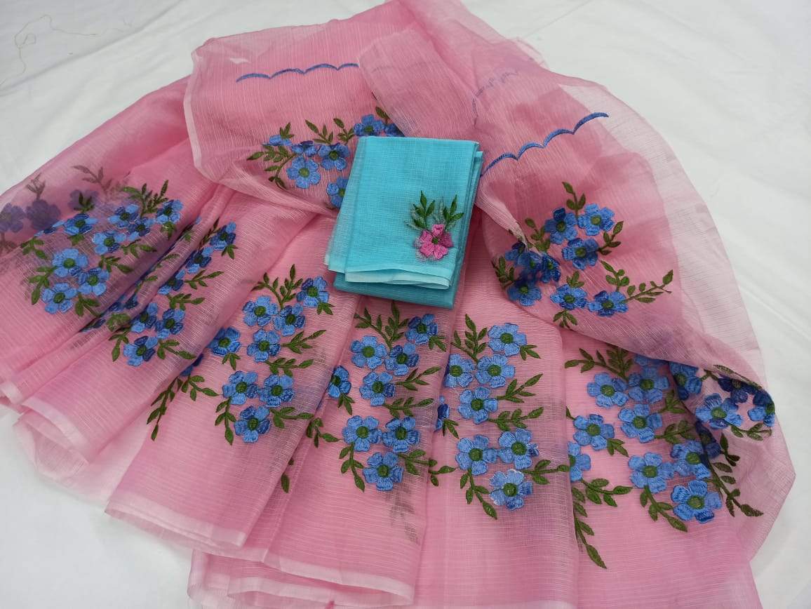 Pink with Skyblue Kota Doria Saree