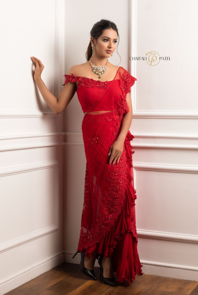 Pre Pleated Saree Red