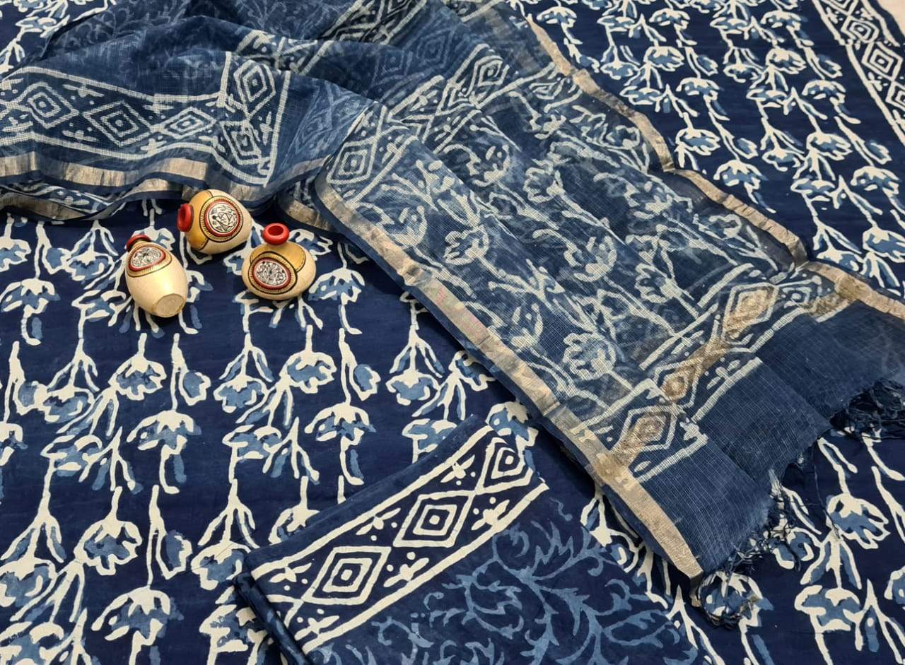 Presidential Blue with White Handblock Unstitched Printed Cotton Suit