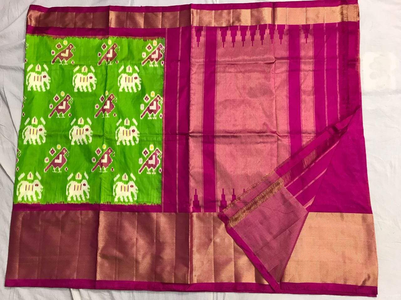 Harlequin Grace Pure Ikat Silk Saree-003 Green and dark magenta attractive partywear