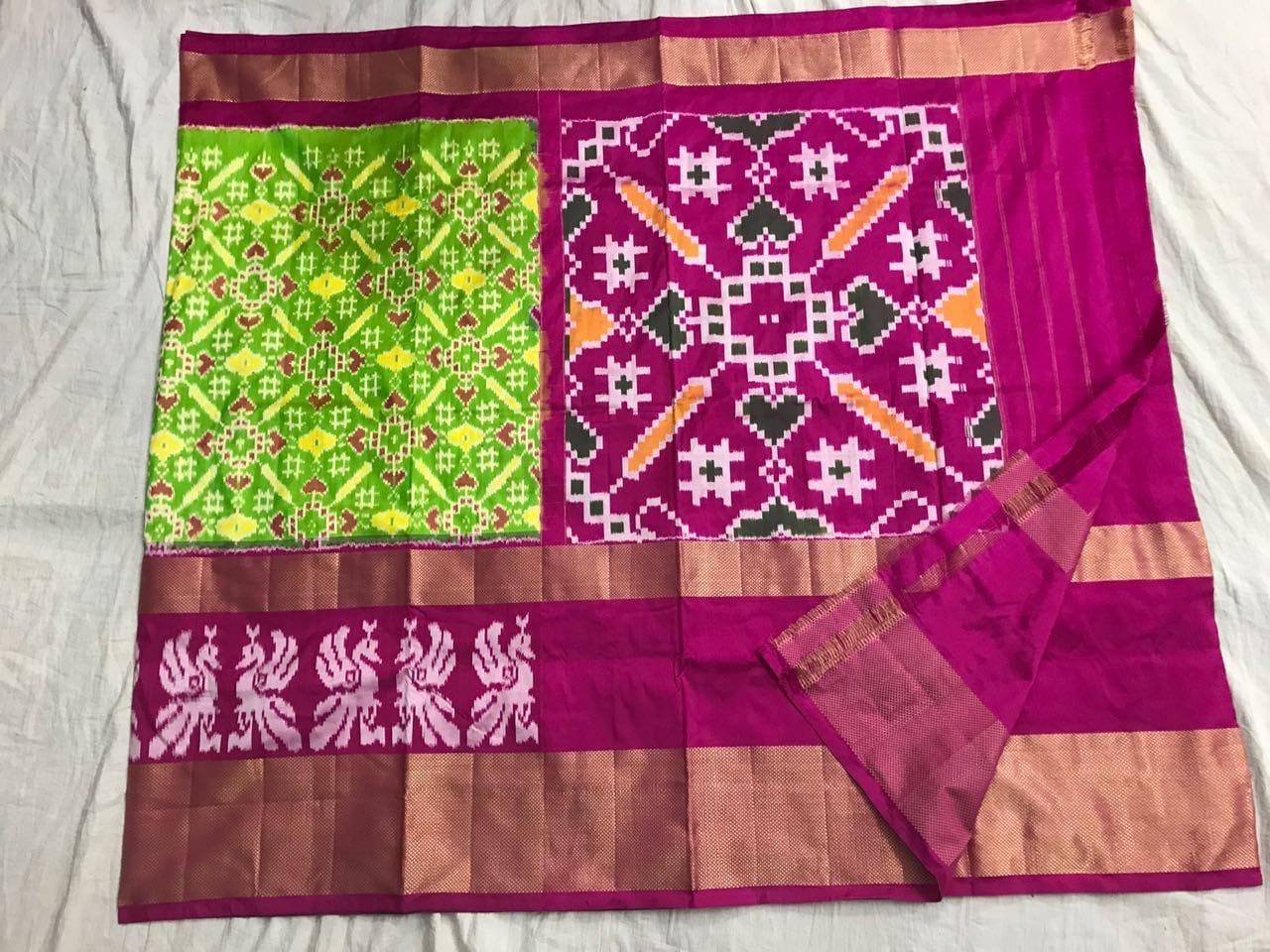 Burgundy-Green Pure Ikat Silk Saree-005 Green and magenta coloured attractive saree