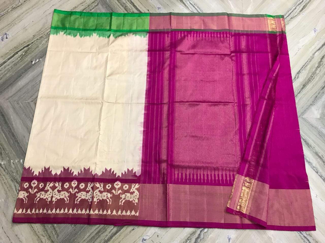Dewdrop Kiss Pure Ikat Silk Saree-007White and purple coloured attractive saree