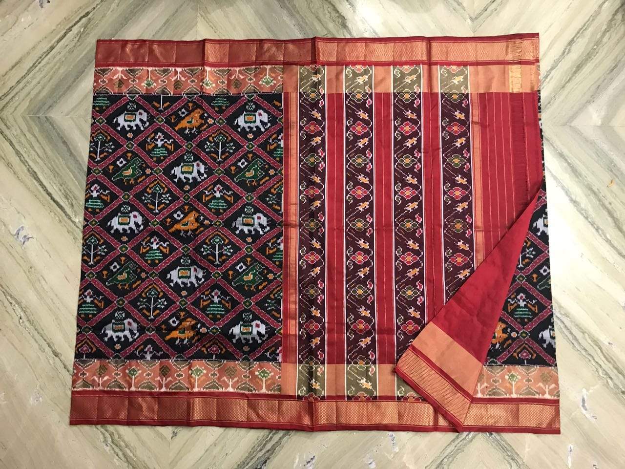 Garnet and Black Pure Ikat Silk Saree-008 Black and red coloured traditional saree