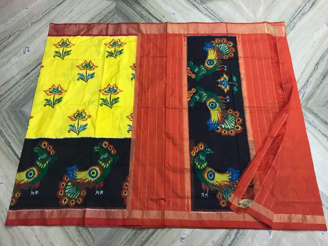 Peacock Proud Pure Ikat Silk Saree-009 Yellow and brown coloured regularwear saree