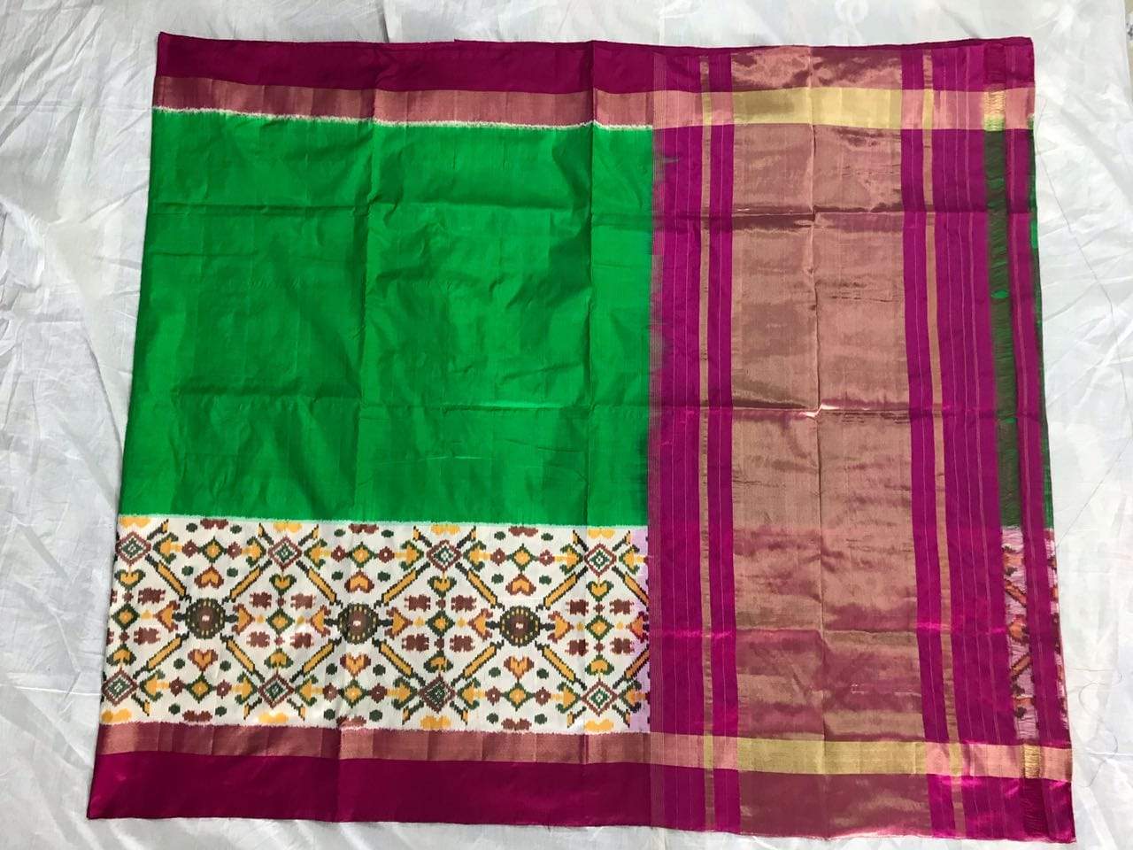 Green Sangria Melody Pure Ikat Silk Saree-012 Green and purple coloured silk saree