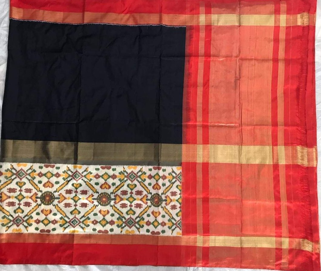 Black-Red Elegance Pure Ikat Silk Saree-014 Black, cream and red coloured partywear saree