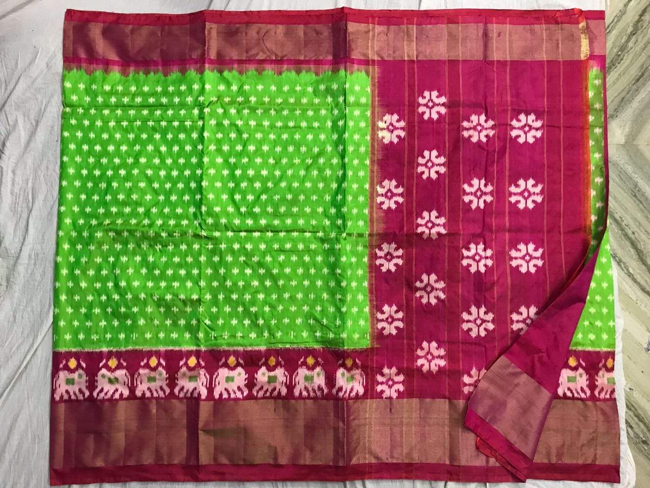 Garden Fragrance Pure Ikat Silk Saree-015 Green and purple lightweight saree