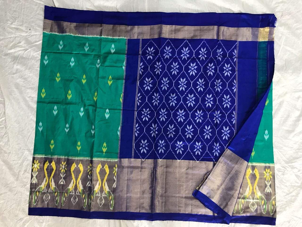 Aesthetic Aquamarine Pure Ikat Silk Saree-016 Blue & green colour partywear 