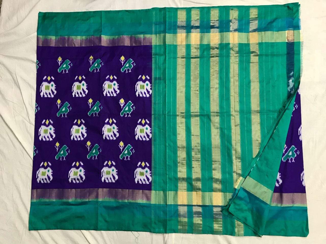 Blue-Green magic Pure Ikat Silk Saree-019 Blue and green coloured grand saree