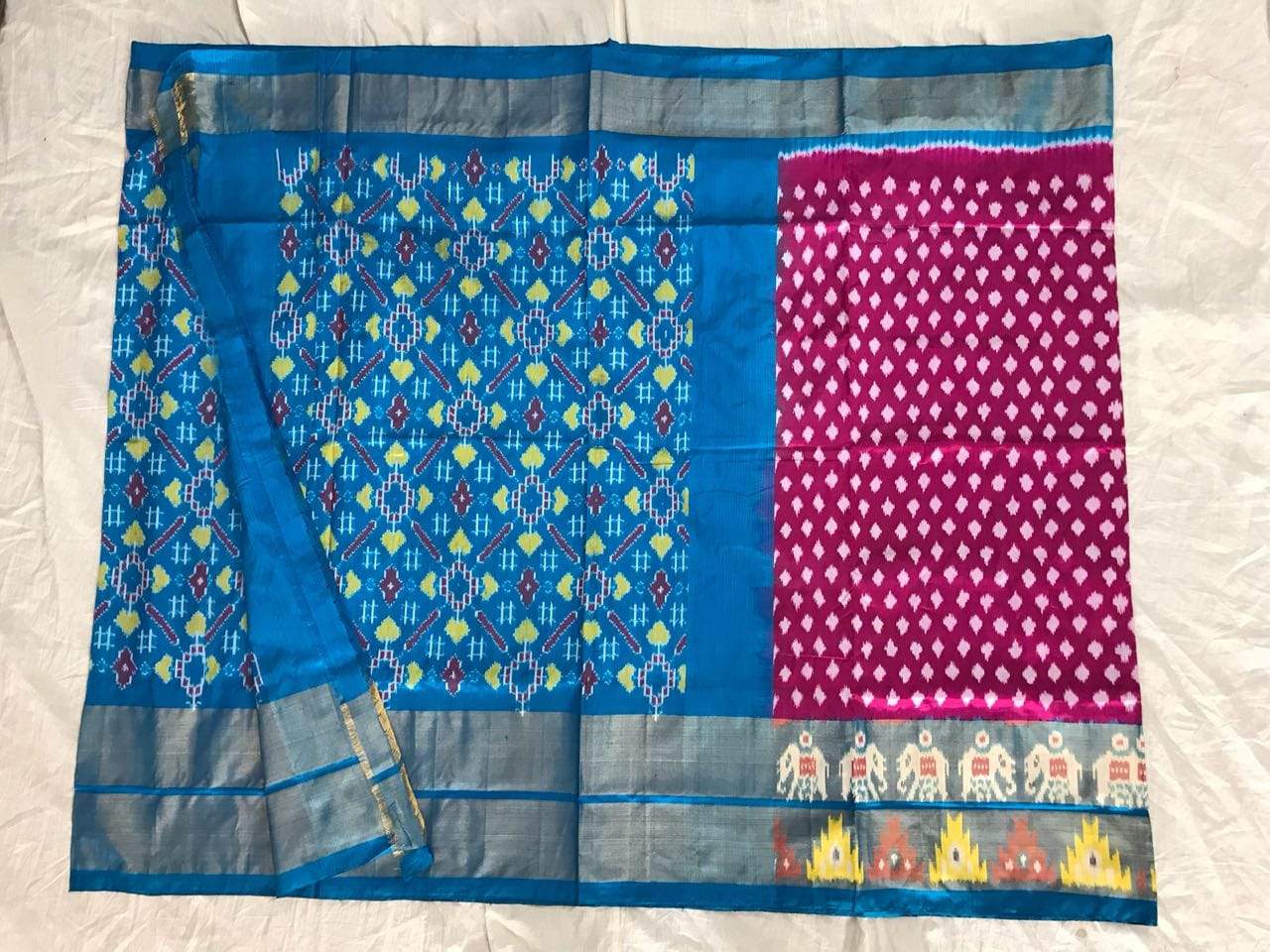 Aster Shine Pure Ikat Silk Saree-020 Blue and pink traditional sari
