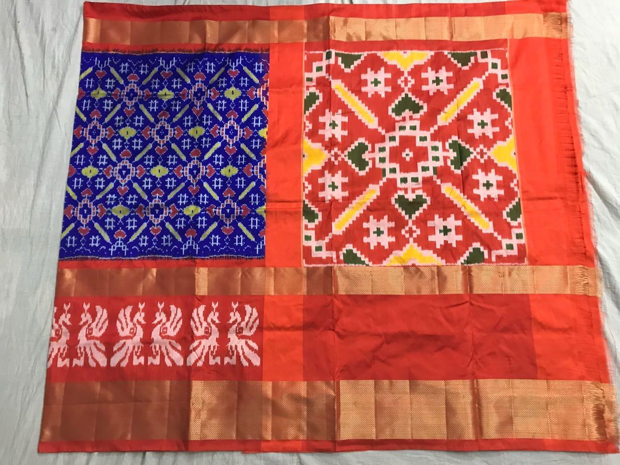 Red-Blue Duet Pure Ikat Silk Saree-023 Brown and blue coloured grand saree