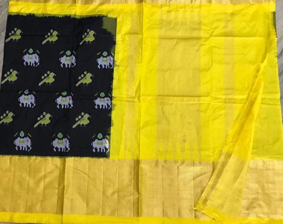 Chirping Canary Pure Ikat Silk Saree-026 Black and yellow regularwear saree