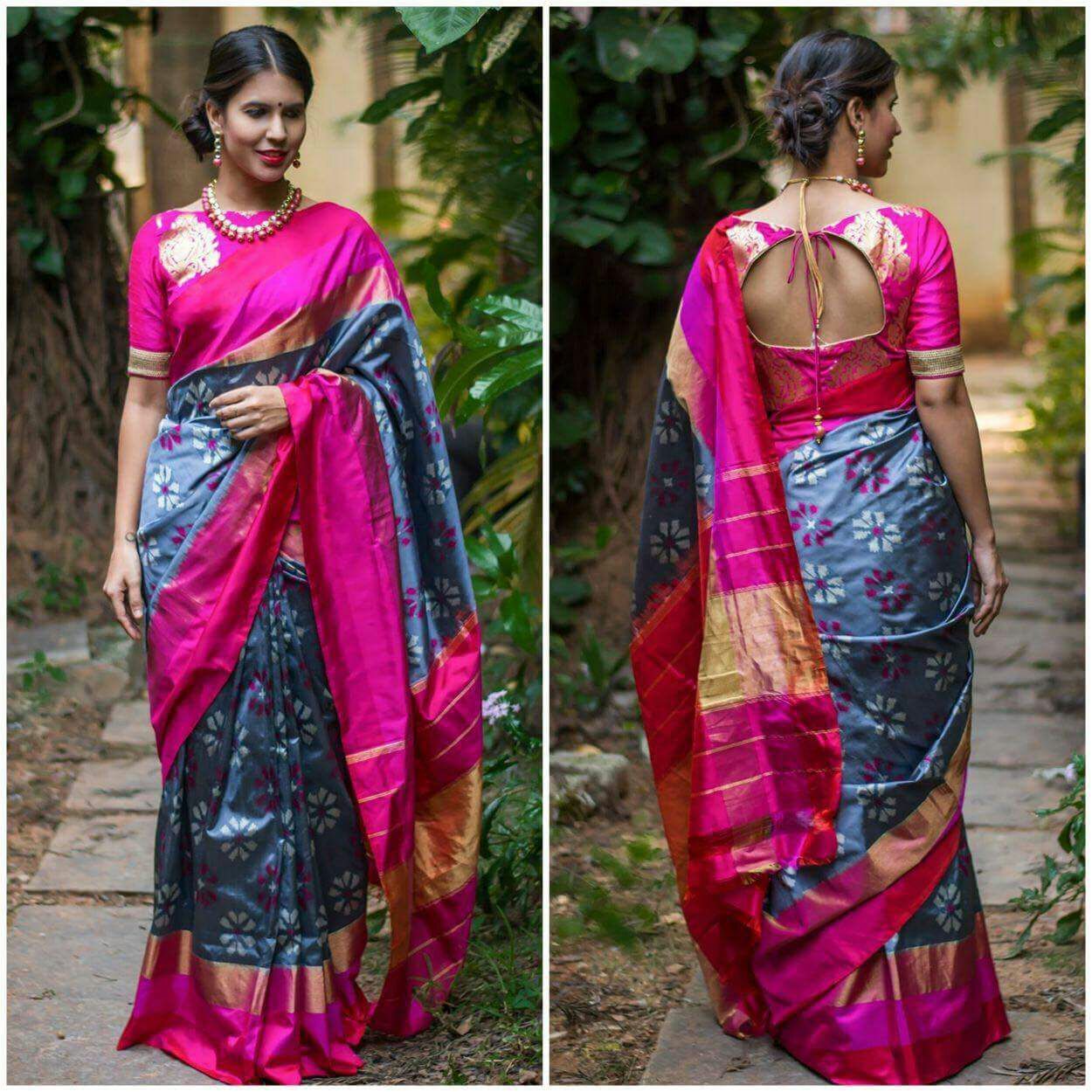 Aegean Princess Pure Ikat Silk Saree-028 Grey-blue and magenta coloured