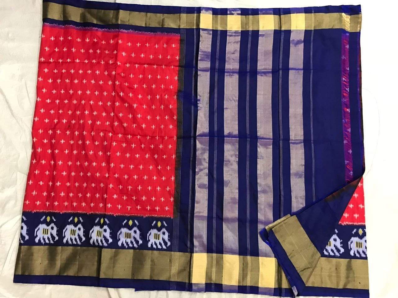 Red Red Rose Pure Ikat Silk Saree-035 Red and blue coloured lightweight saree