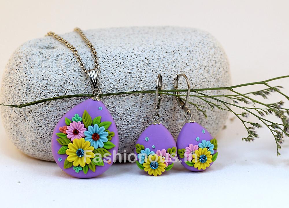 Purple Floral Embroidery Necklace and Earrings-ZAPCNS-010