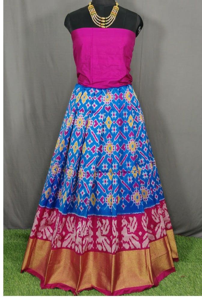 Purple and Dark Blue Ikkat Pure Silk Lehenga