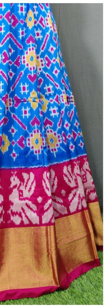 Purple and Dark Blue Ikkat Pure Silk Lehenga