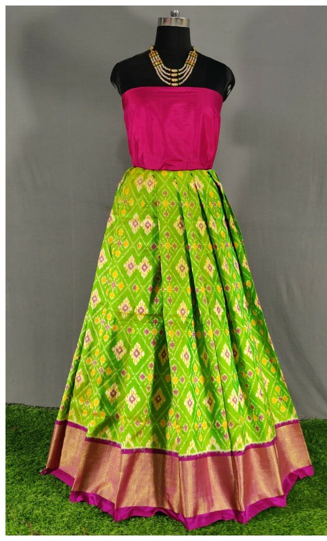 Purple and Light Green Ikkat Pure Silk Lehenga