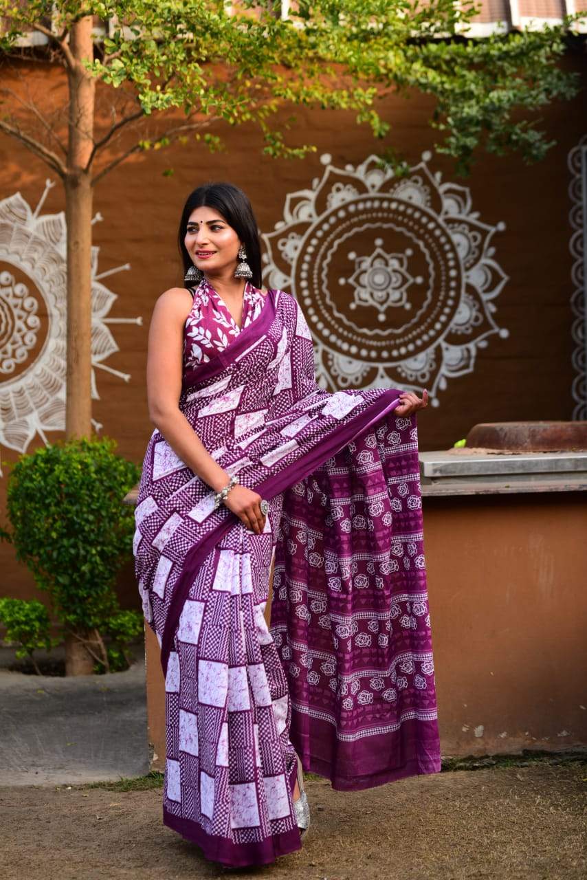 Purple white handblock mulmul cotton saree