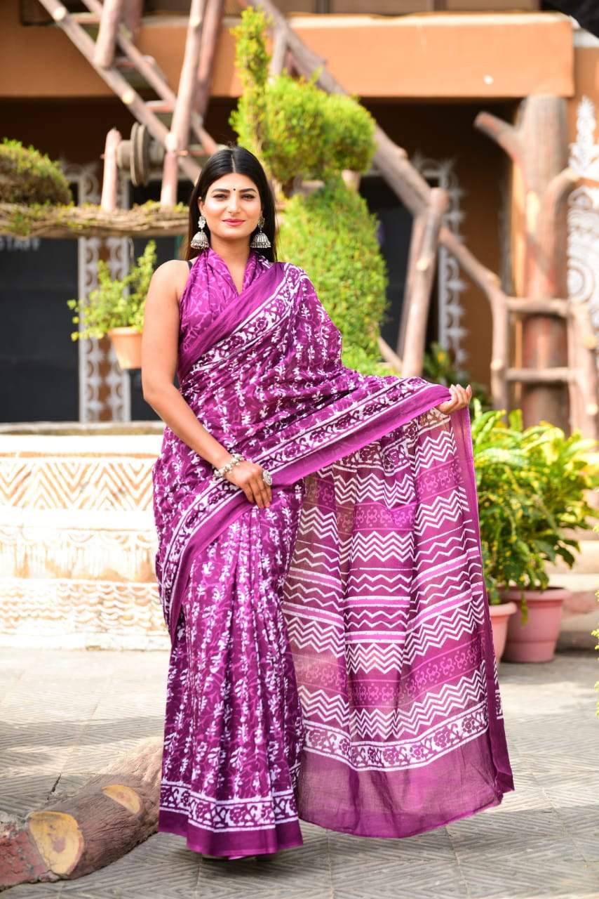 Purple white handblock mulmul cotton saree