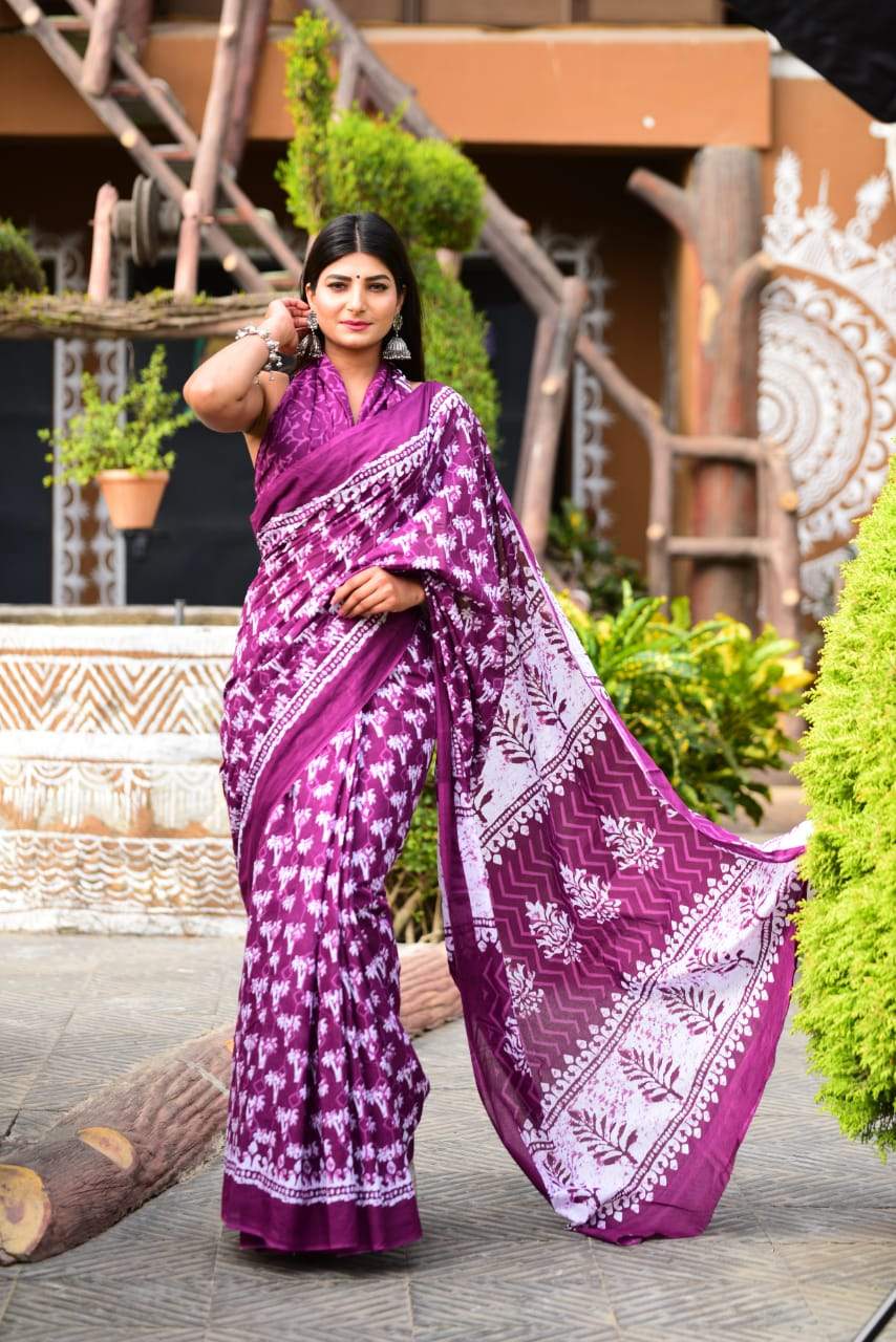 Purple white handblock mulmul cotton saree