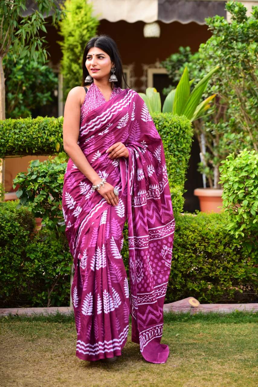 Purple white handblock mulmul cotton saree
