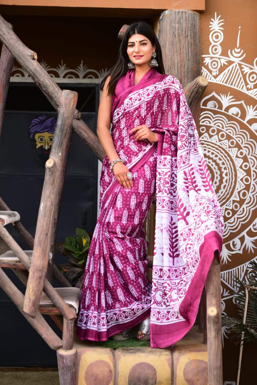 Purple white handblock mulmul cotton saree