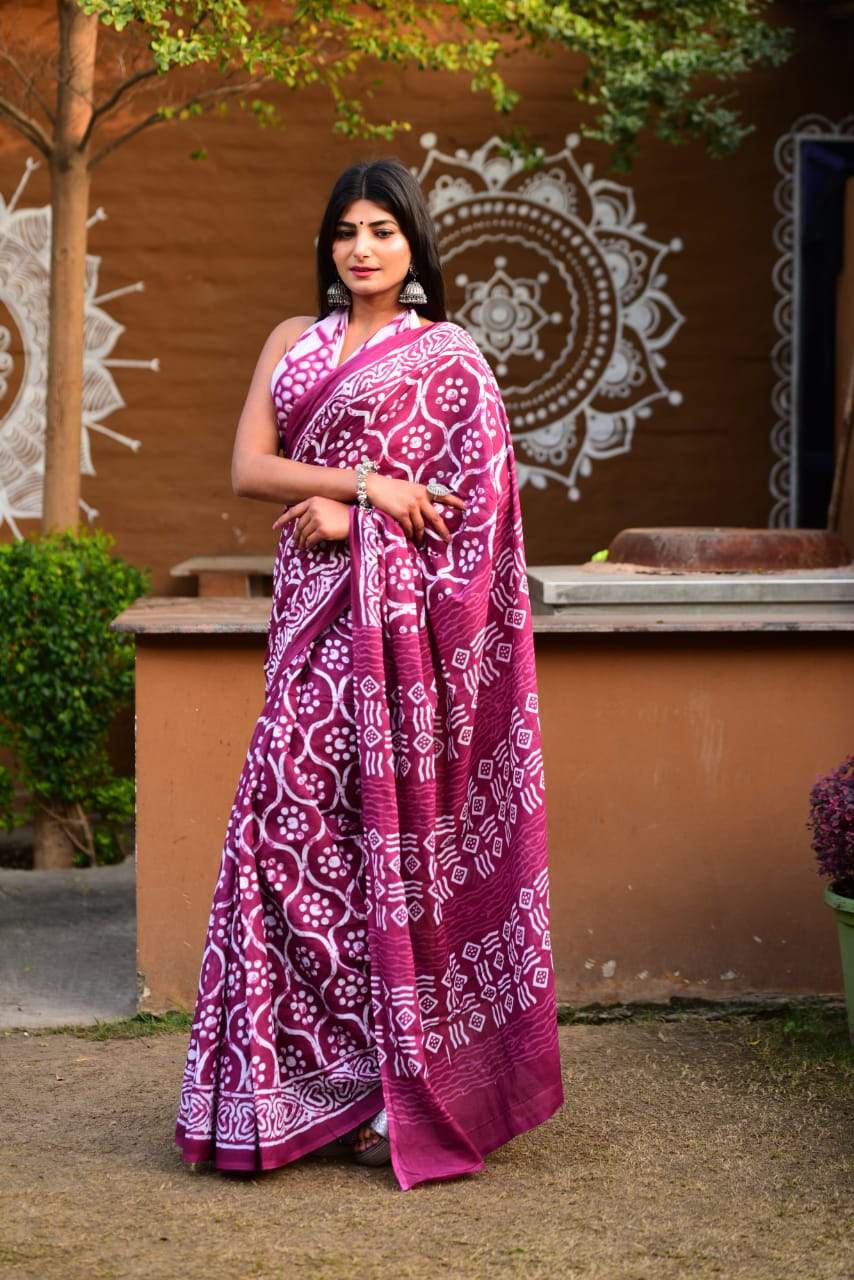 Purple white handblock mulmul cotton saree