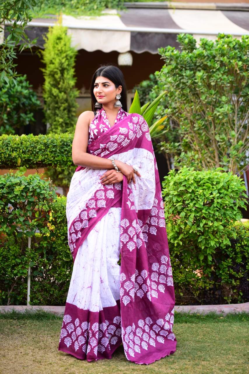 Purple white handblock mulmul cotton saree