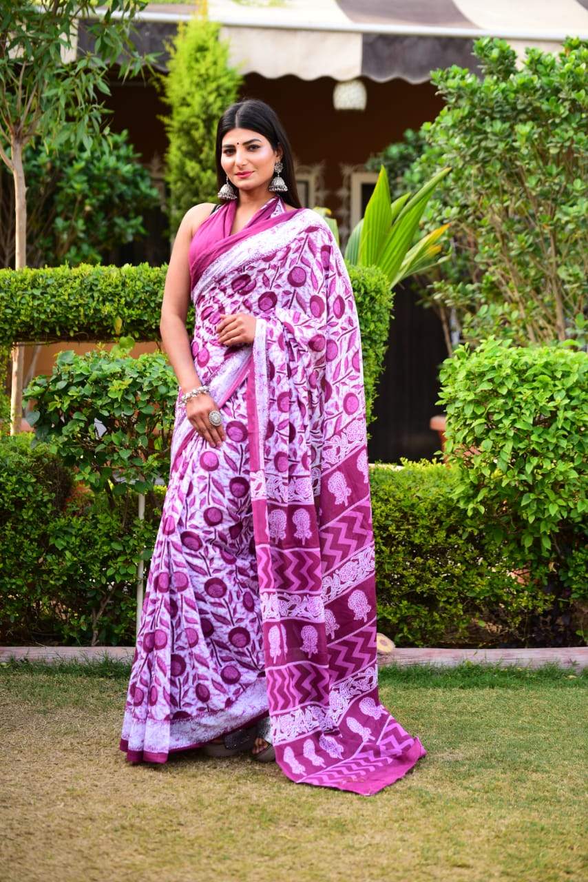 Purple white handblock mulmul cotton saree