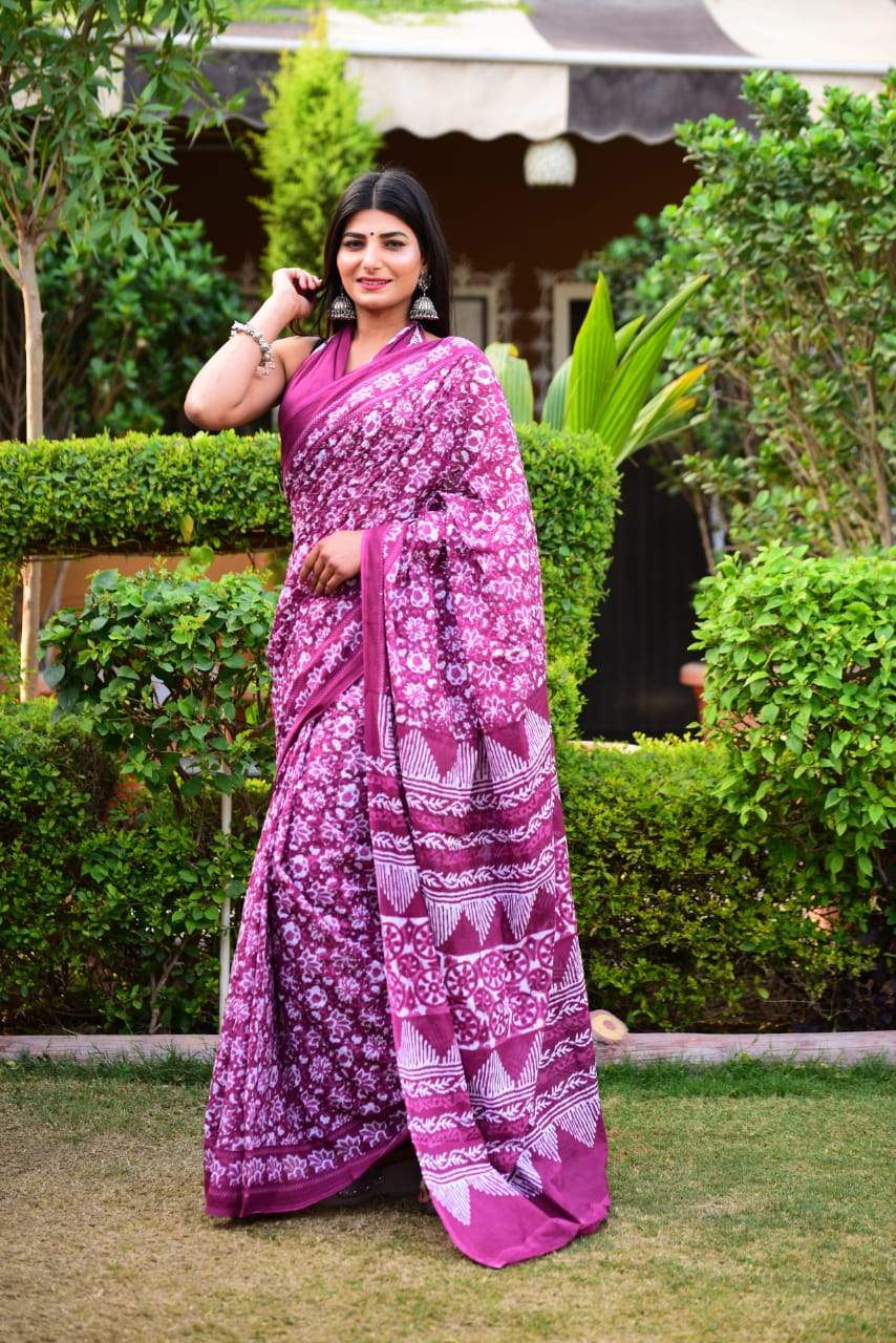 Purple white handblock mulmul cotton saree