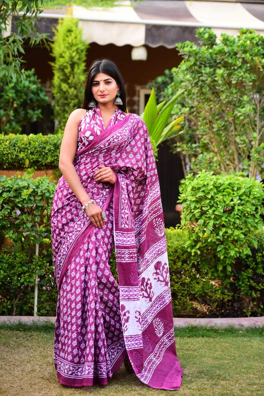 Purple white handblock mulmul cotton saree