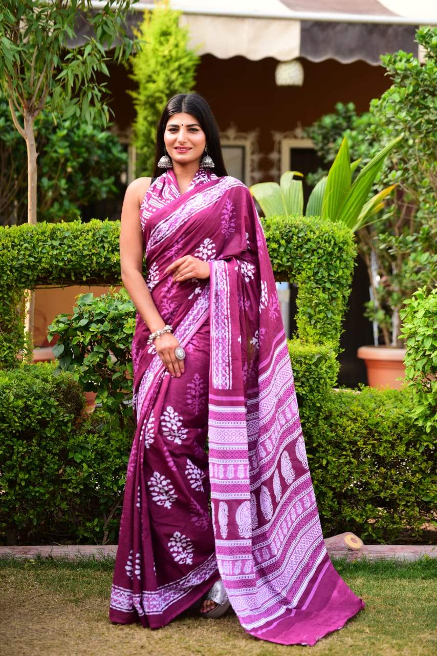 Purple white handblock mulmul cotton saree