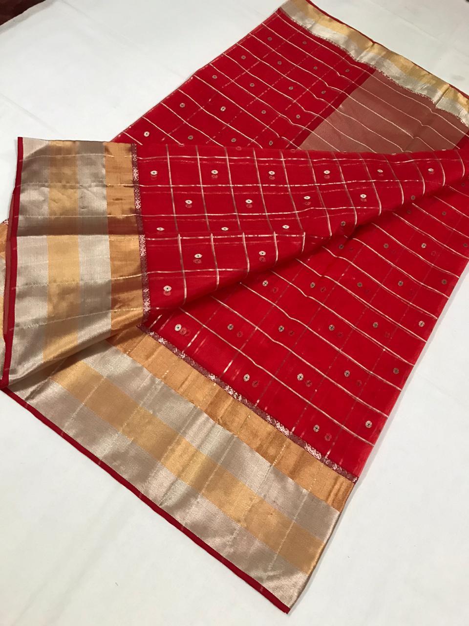 Red Chanderi Silk Saree With Gold Border- CSH058