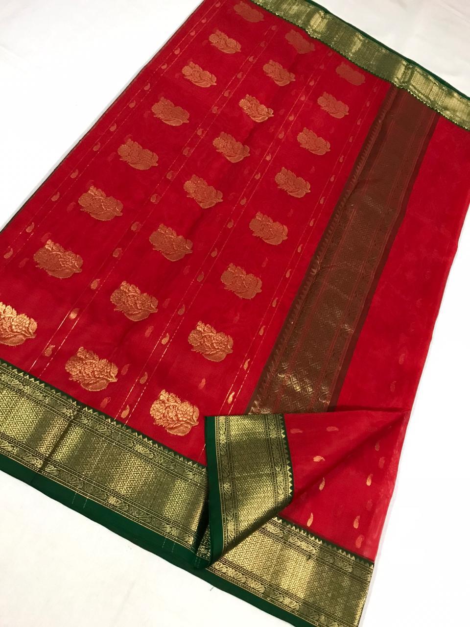 Carmine Red Chanderi Silk Saree With Golden Green Border- CSH054