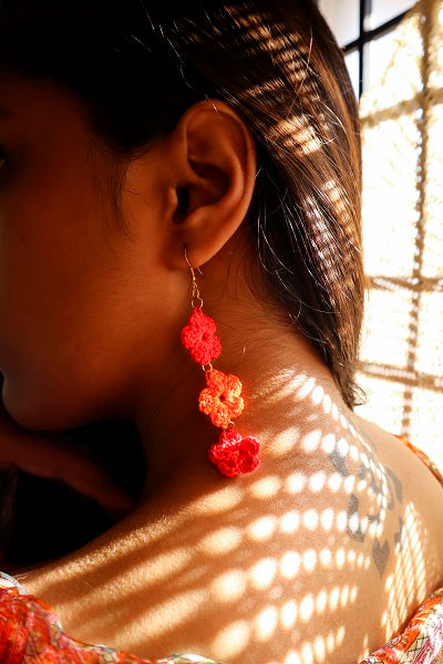 Red And Orange Color Floral in Loops Traditional Statement Crochet Earrings