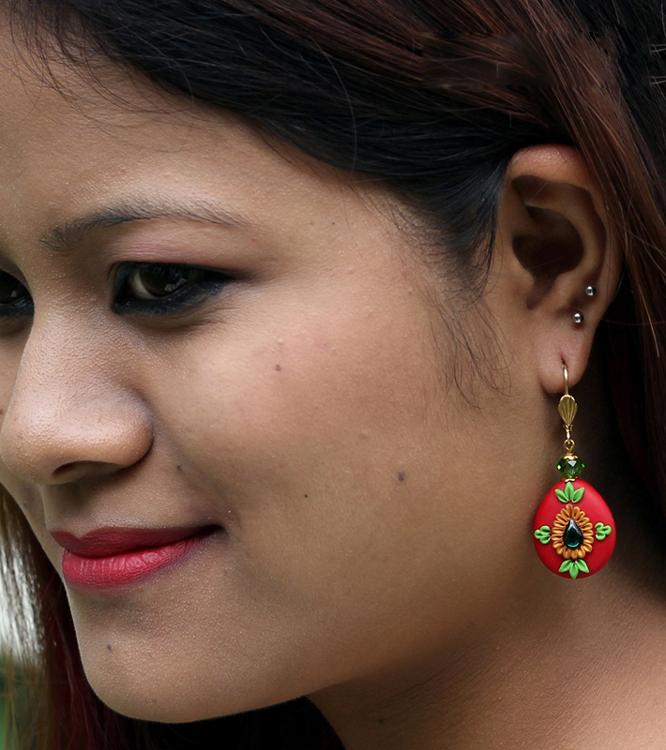 Red Floral Droplet Polymer Clay Earrings-ZAPCJH-034