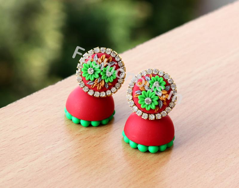 Red Green Floral Jhumka-ZAPCJH-032