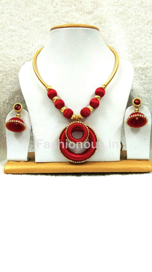 Red Silk Balls With Chandbali Pendant Silk Thread Jewellery Set-STJSW-004