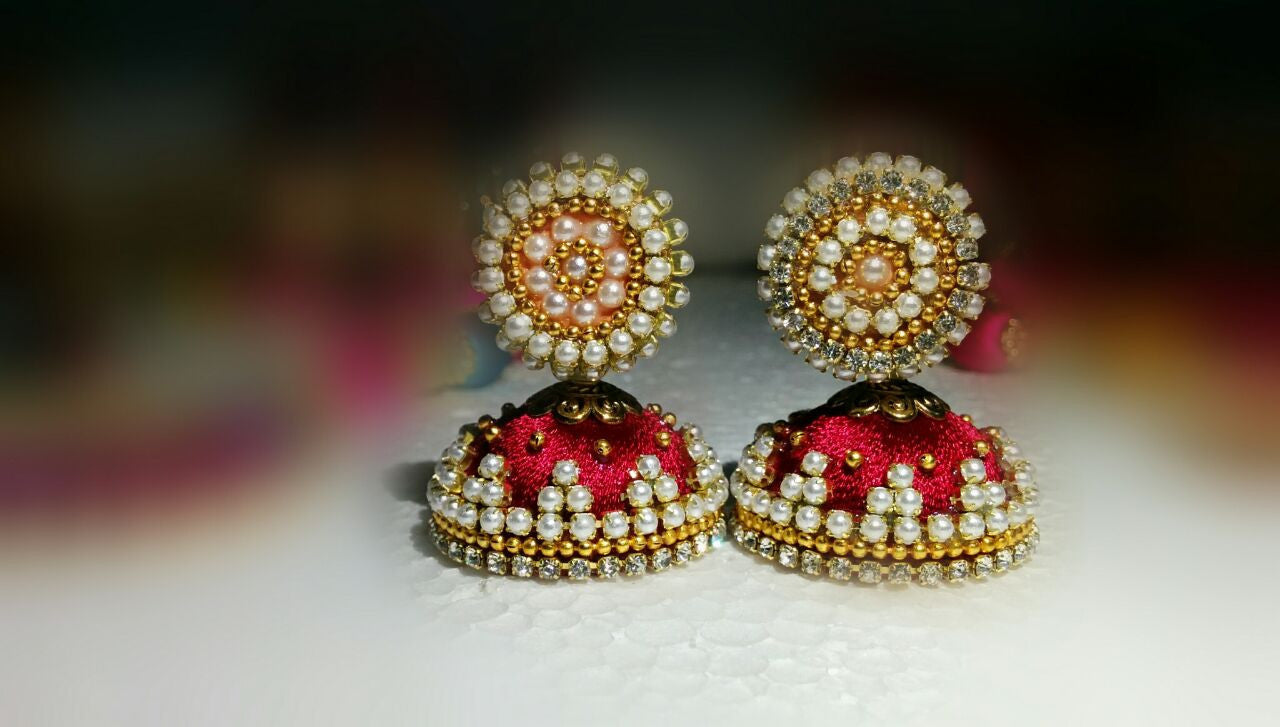 Red Silk Thread Pearl Earrings