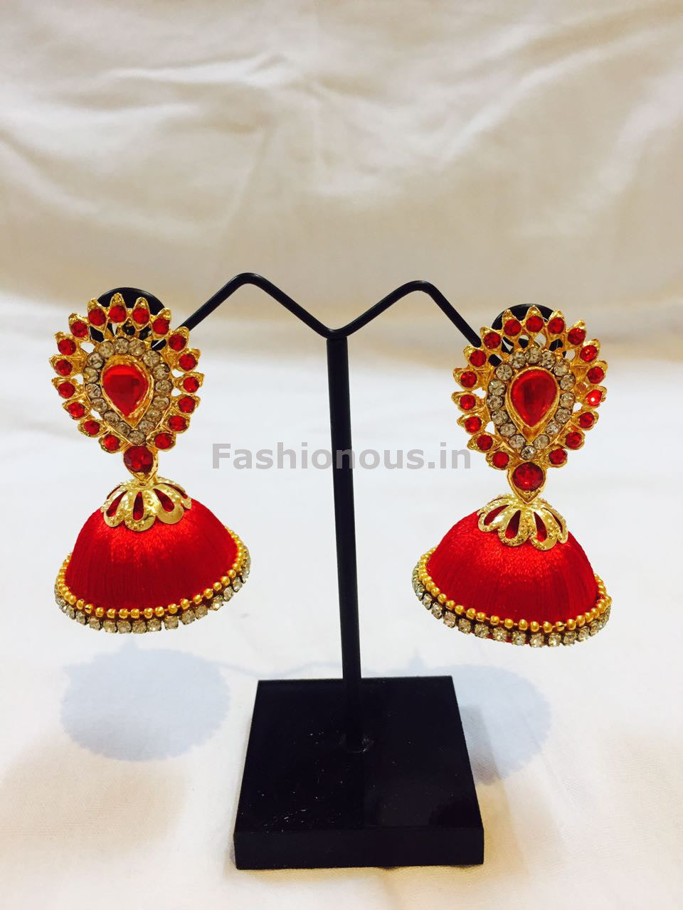 Red Stone Studded Droplet Silk Thread Jhumkas-STJH-014
