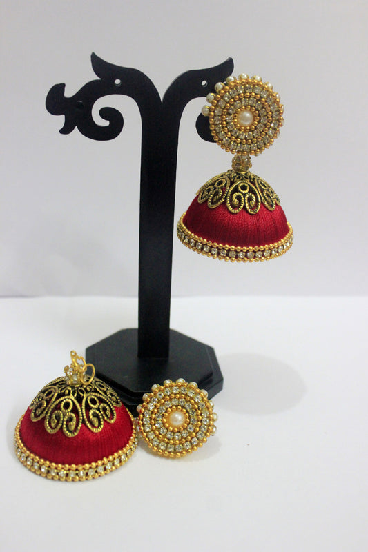 Red and Gold Designer Silk Thread jhumkas