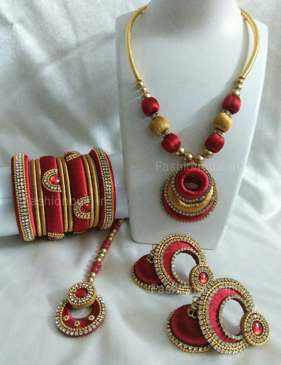 Red and Golden Silk Thread Jewellery Set