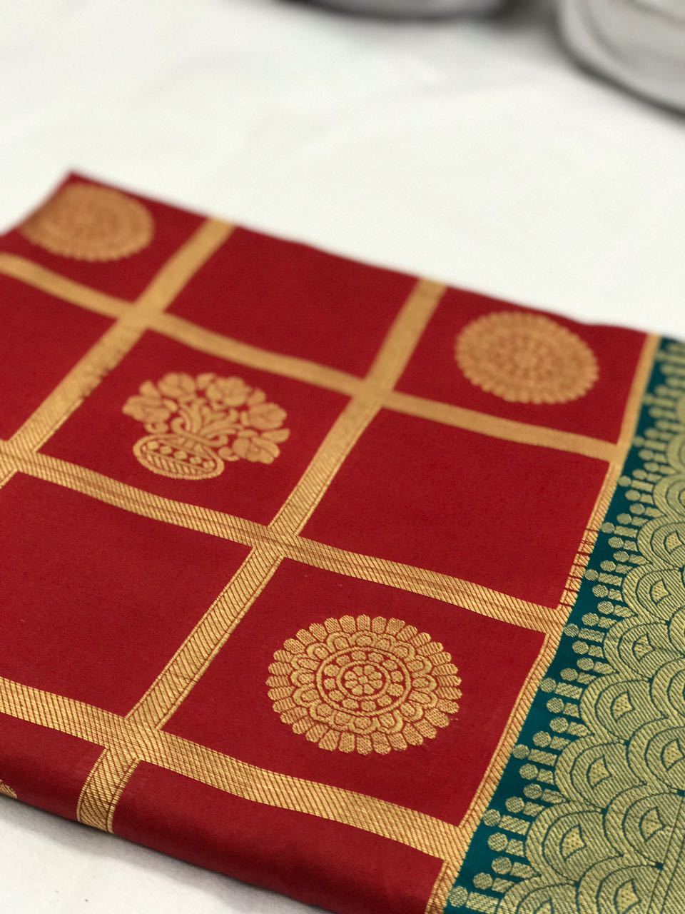 Red and Green with Floral Pot Zari Work Banarasi Silk Saree-SRE-136 red and green coloured saree