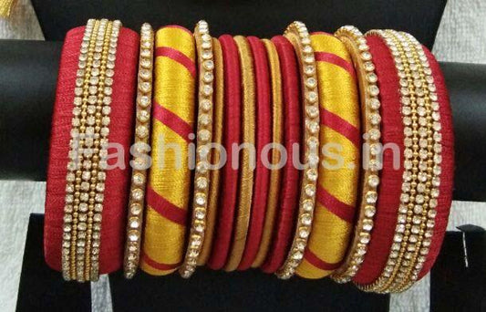 Red and Yellow Stone Worked Silk Thread Bangle Set-STJSW-038