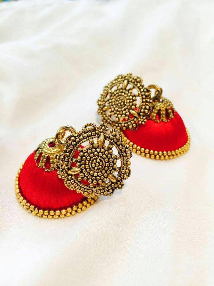 Red antique attached silk thread Jhumkas