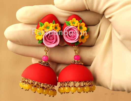 Red with Rose Floral Jhumka-ZAPCJH-014