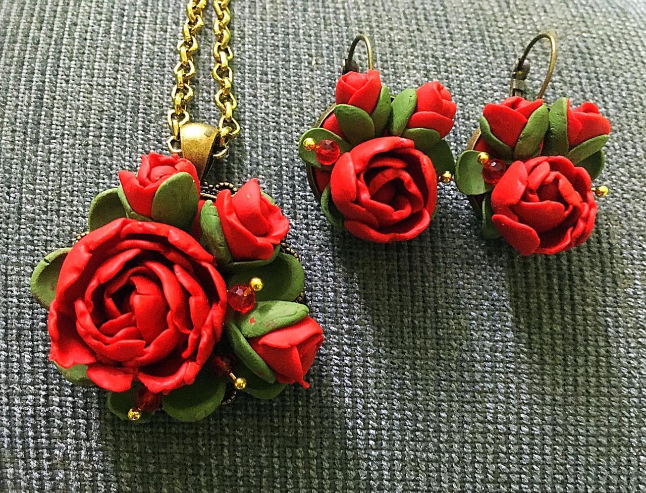 Green With Red Flower Polymer Clay Pendant And Earrings