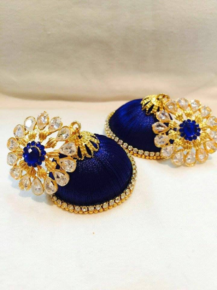 Royal Blue Flower attached Silk Thread Jhumkas